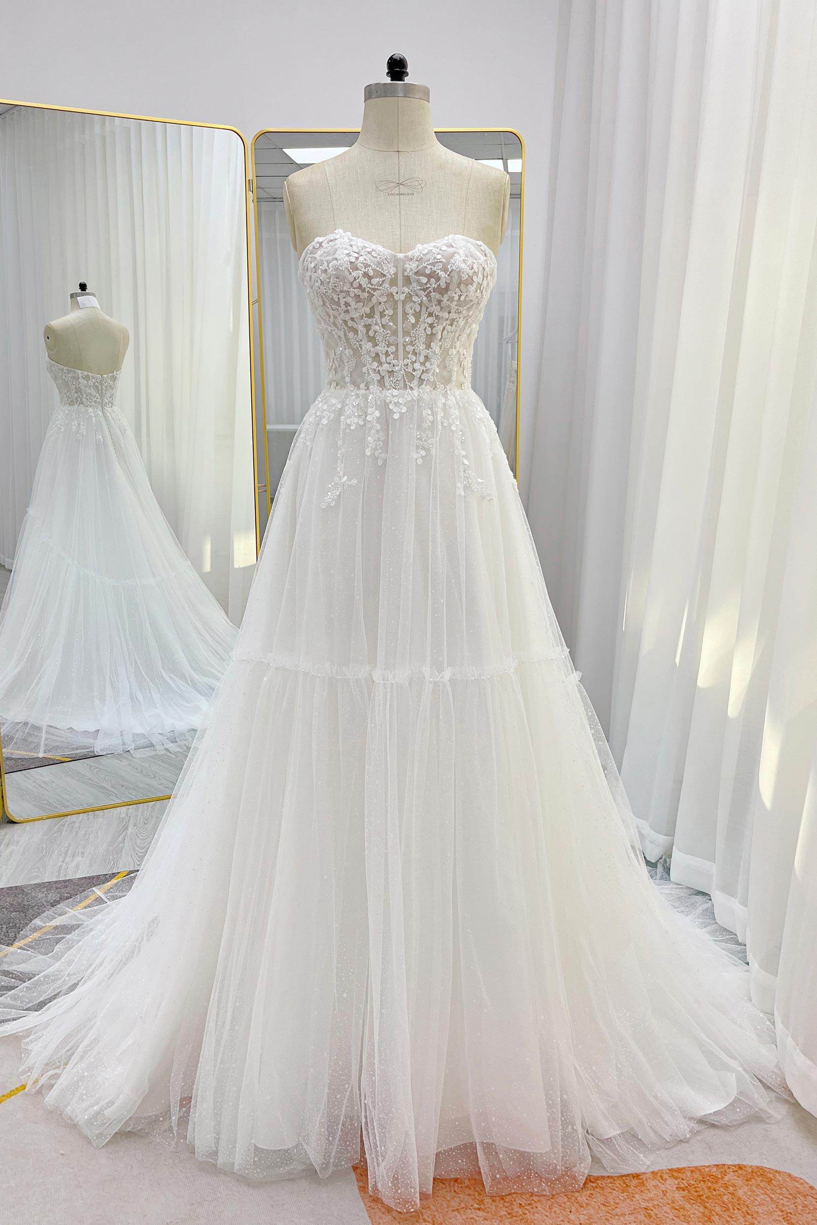 A-Line Court Train Lace Tulle Wedding Dress CW3229 - COCOMELODY